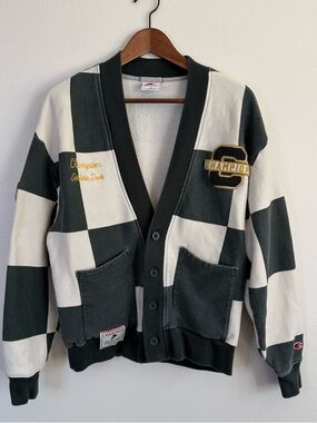 Champion Checkerboard Cardigan Jacket M Streetwear Patch Varsity Style